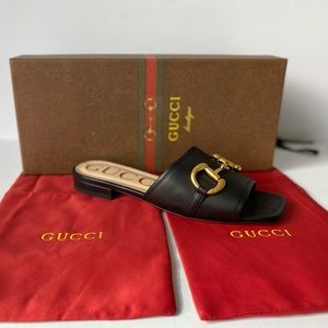 GUCCI WOMEN`S BLACK HORSEBIT NAPPA LUMIERE LEATHER SLIDE SANDALS